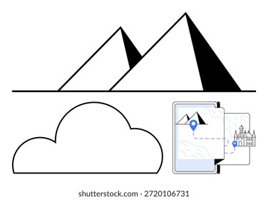 Reiseplanung, Cloud-Technologie, digitale Kartierung, kulturelle Erkundung, historische Wahrzeichen und Navigation. Mit Pyramiden, Cloud-Symbol digitale Karte mit Pins. Reiseplanung und Cloud