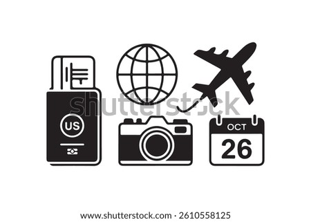Travel Planning Concept Icon Set - Passport, Camera, Globe, Airplane, Calendar