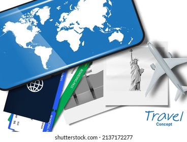 Travel planning concept .  map on smart phone and world landmarks of photo frames . passport . tickets . airplane . on white background