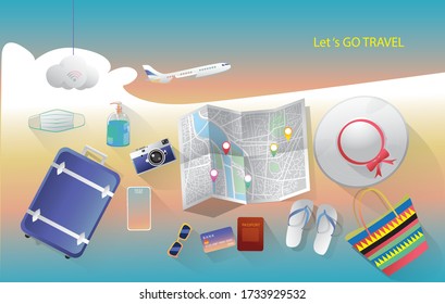 Travel planning concept. Top view on travel, preparing, packing checklist, a suitcase, credit card, map,  air ticket, camera, sunglasses, a cup of coffee, passport, tablet with a booking website