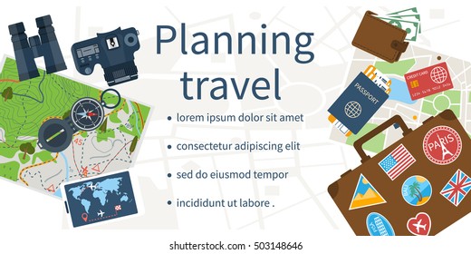 Travel planning, concept. Planning vacation, search place for holiday. Vector illustration flat design style. Banner, template. Summer vacation, holidays. Space for text.