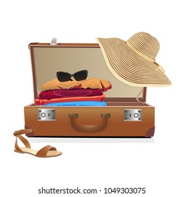 Travel planning design. Open suitcase. Vector illustration. 