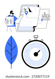 Planificación de viajes, navegación digital, exploración de la naturaleza, gestión del tiempo, actividades al aire libre, ecoturismo. Un hombre apuntando a un mapa en un dispositivo, cronómetro y una hoja. Planificación de viajes y digital
