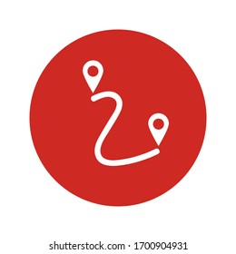 Travel planning icon. Road plan symbol. Point to point way sign for map and GPS navigation based app and web sites. Start to end route from point A to B. Marker location for travel. UI button.Negative