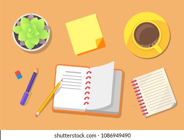 Travel planning icons set with notebook, pencil and pen to write down ideas, cup containing beverage, plant in pot, isolated on vector illustration