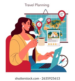 Travel planning illustration. A woman enjoys a cup of coffee while researching destinations on her laptop. The backdrop features a world map, travel markers, and accommodation options, suggesting