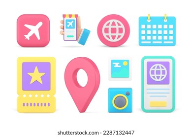 Travel planning journey adventure tour tourism online booking smartphone app set 3d icon realistic vector illustration. Airplane transportation direction discovery destination map pin calendar coupon