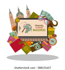 Travel planning to Madrid flat concept. Vector illustration.