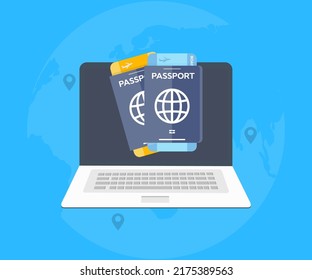 Planificación de viajes en diseño de logotipo de computadora portátil. Diseño e ilustración del vector de concepto de viajes de negocios.