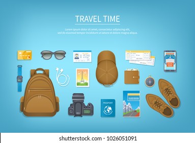 Travel Planning, Packing Check List. Preparing For Vacation, Travel, Journey, Trip. Table With Baggage, Air Ticket, Passport, ID Card, Wallet, Guidebook, Camera, Compass, Headphones. Top View Vector