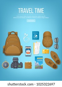Travel planning, packing checklist. Preparing for vacation, travel, journey, trip. Table with baggage, air ticket, passport, wallet, guidebook, camera, compass, headphones. Top view Vector