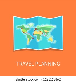 Travel planning paper map containing information concerning whole world, poster with headline, vector illustration, isolated on orange background
