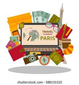 Travel planning to Paris flat concept. Vector illustration.