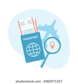 Travel planning. Passport with airline tickets, magnifying glass and an airplane. Flat vector illustration