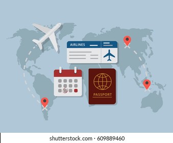 Travel Planning. Passport, Airplane Ticket and Calendar Over World Map