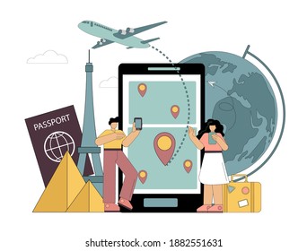 Travel planning using gadgets. Booking tickets. Leisure logistics. For web page, banner, presentation, social media, documents, postcards, posters. Vector illustration.