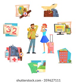 Travel planning and Vacation. Colourful Vector Illustration Set