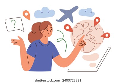 Composición vectorial de planificación de viajes, elección de la mujer destino en línea, ilustración de mano con personaje de dibujos animados, agente de viajes con mapa en computadora, lugares y ciudades de todo el mundo para visitar