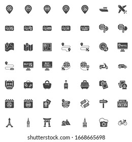 Travel planning vector icons set, modern solid symbol collection, filled style pictogram pack. Signs, logo illustration. Set includes icons as  location pin, trip route, airline ticket, train station