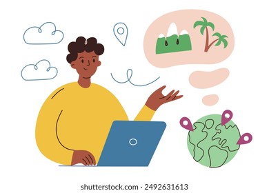 Travel planning vector illustration in flat cartoon style. Person using laptop for travel booking, exploring vacation destinations, planning trips. Ideal for tourism, travel agencies, adventure guides