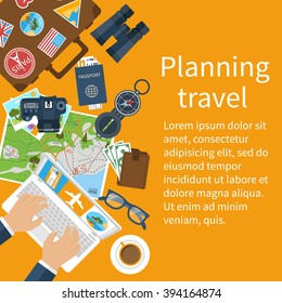  Reiseplanung. Vektorgrafik im flachen Design-Stil. Urlaub, Reise, Urlaubskonzept. Bannerreisen.