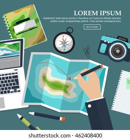 Travel planning. Vector illustration in a flat style. Traveller table. Vector illustration