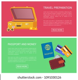 Travel planning web page set and headline, text sample passport, money credit cards, luggage with glasses collection isolated on vector illustration