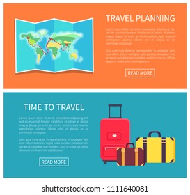 Travel planning web pages set, luggages collection and world map made of paper, internet sites, having text sample, headlines vector illustration