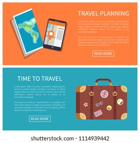 Travel planning web pages set, text sample information about travelling, luggage and maps of different types sites collection vector illustration