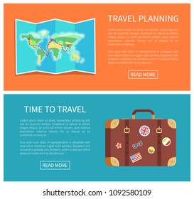 Travel planning web pages text sample with headlines, worl map and luggage decorated stickers of famous landmarks collection, vector illustration