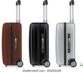 Travel plastic suitcase with wheels realistic on white background vector illustration