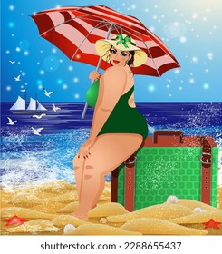 Travel plus size woman in bikini with suitcases on the beach, vector illustration