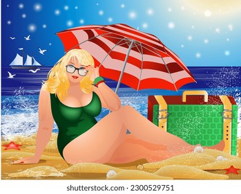 Travel plus size woman with parasol and suitcases, summer card vector illustration