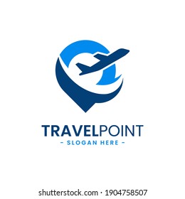 Travel point logo design template. Pin icon with airplane combination. Concept of holiday, tourism, trip, exploration, etc.