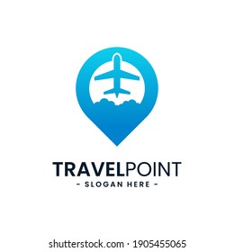 Travel point logo design template. Pin icon with airplane combination. Concept of holiday, tourism, trip, exploration, etc.