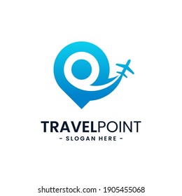 Plantilla de diseño del logotipo de punto de viaje. Icono de pin con combinación de avión. Concepto de vacaciones, turismo, viaje, exploración, etc.
