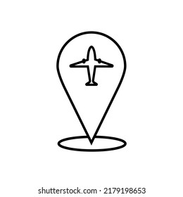 Design-Vorlage für das Reisezeichen. Pin-Symbol mit Bildflugzeug. Konzept von Urlaub, Tourismus, Reise, Erkundung, Lieferung, Reisen. Lineares Airplane-Symbol Flughafenstandort