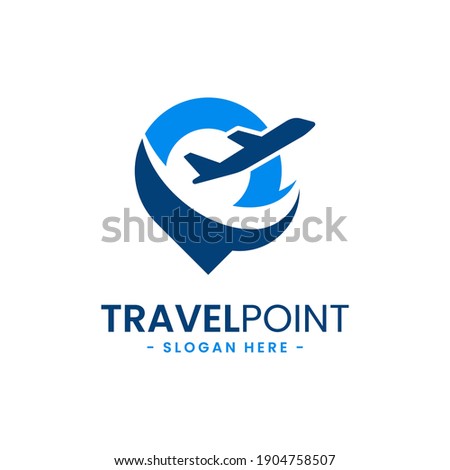 Travel point logo design template. Pin icon with airplane combination. Concept of holiday, tourism, trip, exploration, etc.