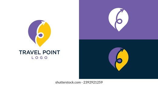 Plantilla de diseño de logotipo de punto de viaje. Ilustración de vectores de símbolos de símbolo de avión y mapa de viajes.