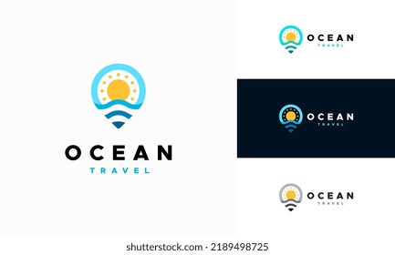 Travel Point Logo with Ocean Wave symbol, Ocean logo designs concept vector