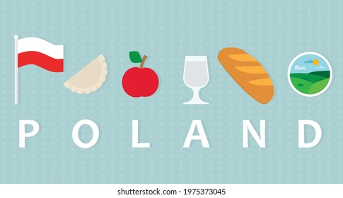 Travel To Poland Concept; Flag, Dumplings, Apple, Vodka, Bread And Rural Landscape - Vector Illustration