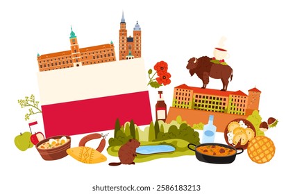 Travel to Poland, culture elements and famous Polish food, landmarks, old gothic castle and cathedral in infographic collage. Stew and pierogi, lake landscape and animals cartoon vector illustration