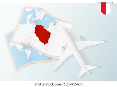 Travel to Poland, top view airplane with map and flag of Poland. Travel and tourism banner design.