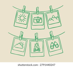 Travel polaroid frames hanging on a clothesline featuring icons of a camera, mountains, campfire