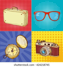 Travel pop art old camera vintage suitcase old compass sunglasses hand drawn vector illustration 