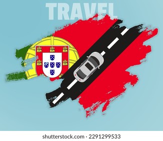 Travel to Portugal by car, going holiday idea, vacation and travel banner concept, car on the road with Portugal flag, international car travel, automobile going on a way, top view