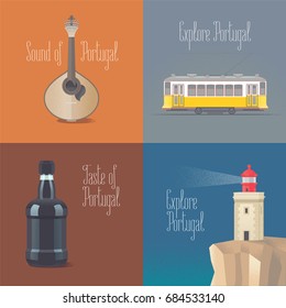 Travel to Portugal concept vector illustrations. Fado guitar, old tramway in Lisboa, porto wine. Cartoon style design for visit Portugal and Lisbon posters