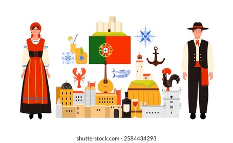 Travel to Portugal, culture elements, architecture for tourist tour in infographic collage. Portuguese flag and people in traditional dress, city landscape with buildings cartoon vector illustration