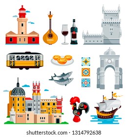 Travel To Portugal Icons And Isolated Design Elements Set. Vector Portuguese And Lisbon Culture Symbols, Food And Landmarks.