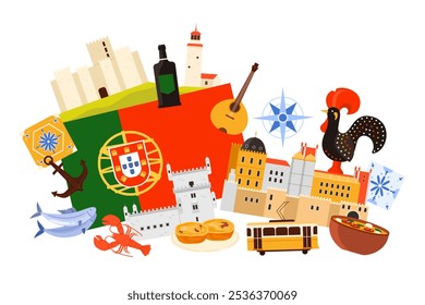 Viaje a Portugal, collage infográfico con cultura nacional y comida famosa, arquitectura. Gran bandera portuguesa y vino de Oporto, Palacio de Pena y Torre de Belem en Ilustración vectorial de dibujos animados